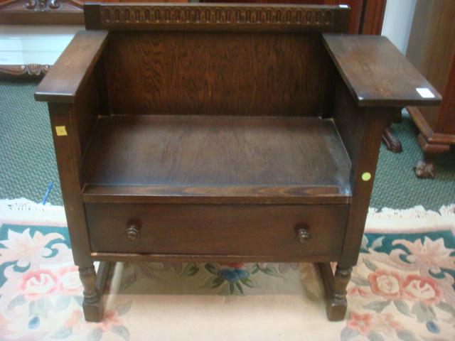 Walnut Arts & Crafts Telephone Chair:: Walnut Arts & Crafts Telephone Chair: Carved Straight Line Top Rail. Paddle Arms, One Wider for Telephone. Rectangular Seat over Single Drawer with Wooden Knobs (for Telephone Book!) Side Stretcher, F