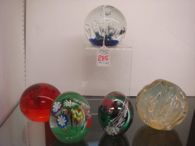 Five Art Glass Paperweights:: Five Art Glass Paperweights: Irregular Opalescent 4"T Artist Signed, Egg Shaped Iridescent 3 1/8"T, Dynasty Gallery with Controlled Bubbles is 4"T, Oval with Flowers is 3 1/2"T and Red with Bubbles is