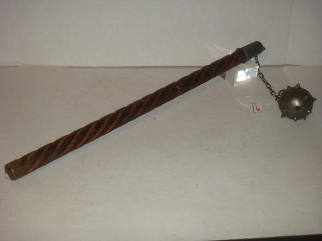 MORNING STAR, Replica Weapon, Works Just as Well:: MORNING STAR, Replica Weapon, Works Just as Well: 2 1/2 Pound Cast Iron Ball with Prongs Mounded with a Chain to 24" Wooden Stake. Favorite Weapon of Richard the Lionhearted. (200-400)