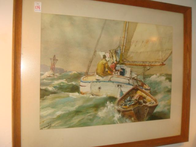 JAMES SESSIONS Signed Seascape Print on Paper:: JAMES SESSIONS Signed Seascape Print on Paper: Listed Artist, 1882-1962. Marine Watercolorist and Advertising Artist. "Brush" Reporter in WWII (Painted in the Field). Hung in MET and Chicago Art Insti
