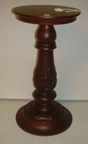 Small Mahogany Carved Pedestal:: Small Mahogany Carved Pedestal: Round Top on Vase & Ring Turned Pedestal, Descending to Leaf Carving at Base. Two Part Round Foot with Carved Decoration on Plain Base. 19 !/2"T, Top 10" Diameter. (100