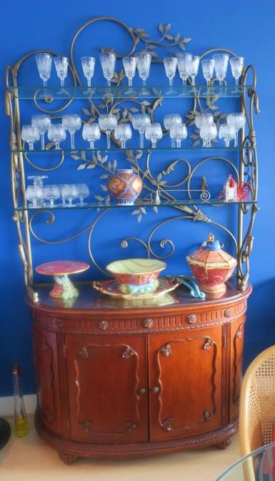 HEKMAN Cherry Buffet with Metal & Glass Shelves:: HEKMAN Cherry Buffet with Metal & Glass Shelves: Demilune Paneled Front and Side Doors Open to Shelved Interior. Carved Rosettes Around Top. 34"T, 52" X 21". Tubular Top of Vines with Leaves Supports 
