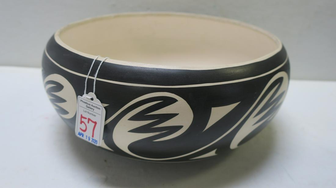 Navajo Pottery 11" Dia. Decorated Bowl:: Navajo Pottery 11" Dia. Decorated Bowl: Black on White Painted Wave and Feather Design on Round Body with Inward Curved Top. Signed Mary Saxon. Top Quality Native American Piece in Excellent Condition