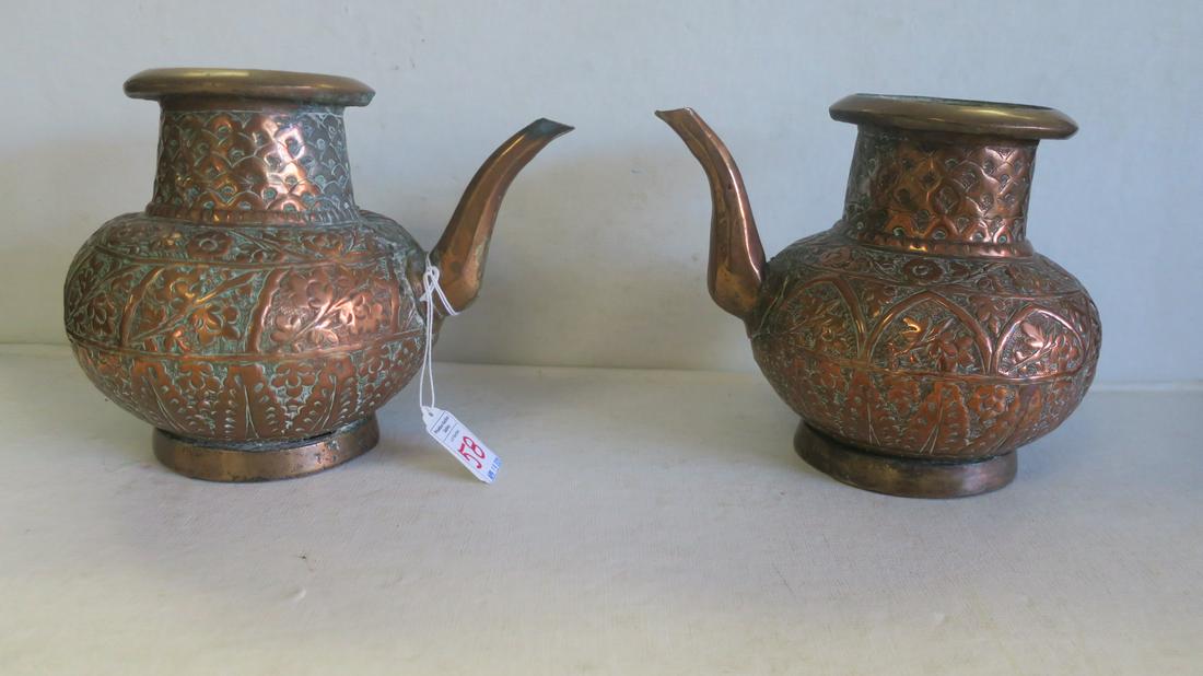 Pair of Antique India Copper Over Metal Teapots:: Pair of Antique India Copper Over Metal Teapots: Heavy Handless Teapots with Relief Floral Pattern are 7"T. One Slightly Dented. (60-120)