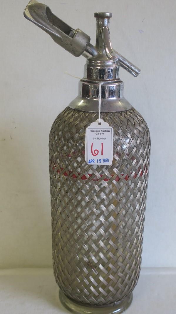 Mercuria Kovocas Wire Mesh Covered Seltzer Bottle:: Mercuria Kovocas Wire Mesh Covered Seltzer Bottle: Syphon-Seltzer Bottle in Clear Glass with Silver Mesh. 1 Liter Volume, Made in England. Czech Glass Vintage 1930's. (30-60)