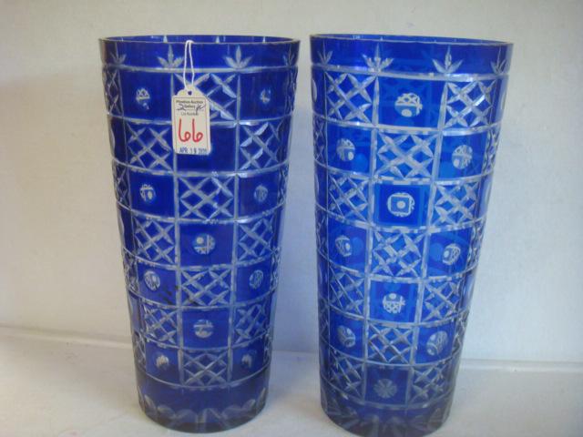 Pair of Tall Bohemian Cobalt Cut to Clear Vases:: Pair of Tall Bohemian Cobalt Cut to Clear Vases: Tapered Vases with Squares of Alternating X's and O's Down to Narrow Clear Scalloped Base. No Chips or Cracks. Sticker on one reads "Studio Art". Each 