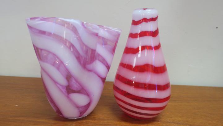 Two Pcs. Modern Art Glass, 1 Pink, Other Red Stripe:: Two Pcs. Modern Art Glass, 1 Pink, Other Red Stripe: Pink and White Handkerchief Vase is 6"T, 6"W. Heavy Red and White Striped Vase is 7"T. (100-200)