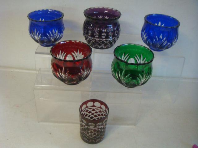 Group of 5 Cut to Clear Tea Light Candle Holders,: Group of 5 Cut to Clear Tea Light Candle Holders, plus 1 Glass: Bohemian Pieces include 2 Cobalt, 1 Emerald, 1 Ruby, 1 Purple-plus one Burgundy 3"T Juice Glass, Small Nick in Neck of Green. (100-200)