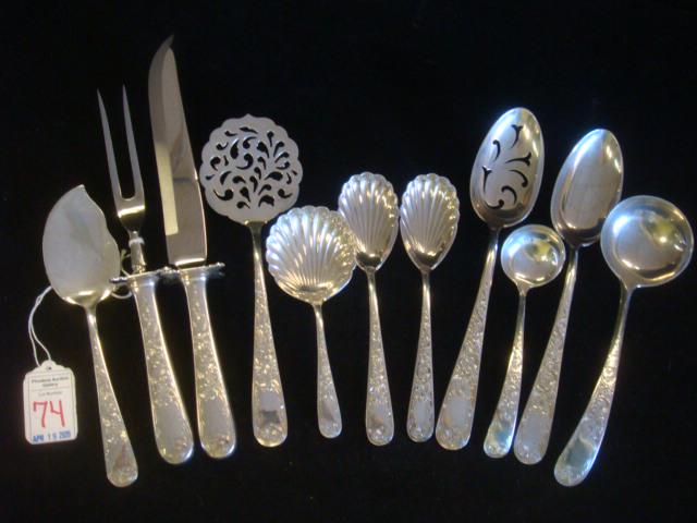 12 S Kirk "Old Maryland" Sterling Serving Pieces:: 12 S Kirk "Old Maryland" Sterling Serving Pieces: Includes 2 Tablespoons (One Pierced), 2 Sugar Shells, Tomato Server, Cream and Gravy Ladles, Jelly Server, Asparagus Server with Silver-plate Hood, 2 