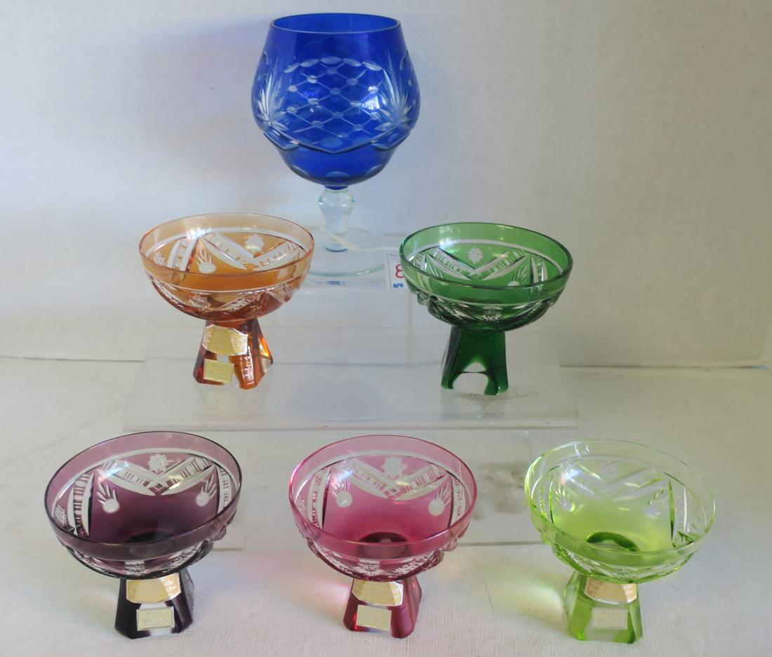 REGAL Cut to Clear Crystal Sherbets & Brandy Snifter:: REGAL Cut to Clear Crystal Sherbets & Brandy Snifter: 5 Lead Crystal Sherbets with Made in Bavaria, Western Germany Stickers in Colors of Amethyst, Pink, Green, Lime and Amber. 2 3/4"T, 3 1/8"D. Blue 