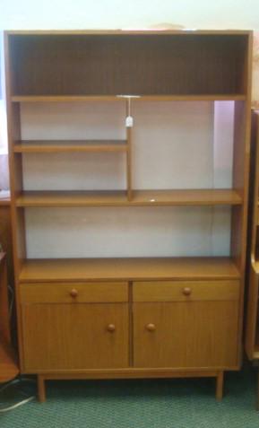 STATEROOM Teak Mid-Century Modern Bookcase Display:: STATEROOM Teak Mid-Century Modern Bookcase Display: Multi Shelf Display or Bookcase by STONEHILL FURNITURE Adjustable Shelves Above Double Drawers over Double Blind Storage Area. 69" x 42" x 12" Match