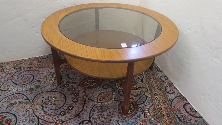 Mid-Century Modern Teak Circular Low Glass Top Table:: Mid-Century Modern Teak Circular Low Glass Top Table: Two Level, Four Legged 18" Tall Table has 33" Diameter Top With 25" Smoked Glass Insert. (100-600)