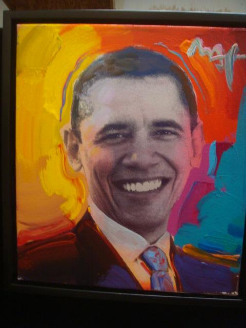 PETER MAX, "OBAMA TO THE MAX", Acrylic On Canvas:: PETER MAX, "OBAMA TO THE MAX", Acrylic On Canvas: Lithograph Photo of Obama with PAINTING on Canvas by Max, Signed Upper Right, From Original Installation CA February, 2009. 16" x 14" Framed to 17 1/2