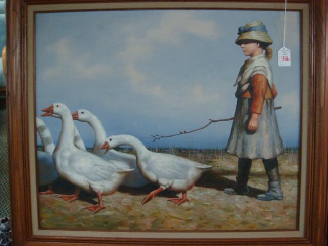 To Pastures New Acrylic on Canvas by DAN BENCH:: To Pastures New Acrylic on Canvas by DAN BENCH: Reproduction of 1882 Painting by Sir John Guthrie, Founder of the Glasgow Boys. Goose Girl Driving Her Charges to Pasture in a Processional March. Frame