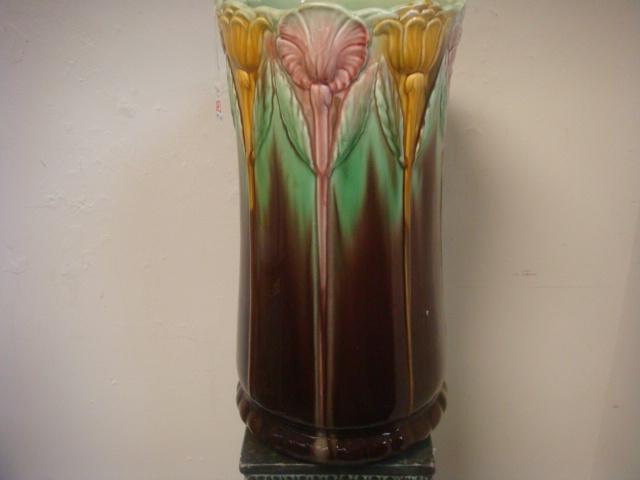 WELLER Pottery Arts & Crafts Umbrella Stand:: WELLER Pottery Arts & Crafts Umbrella Stand: "Bedford" Pattern. Long Stem Flowers Rise from Dark Brown Soil to Alternating Pink and Gold Blossoms. Irregular Top Rim, Mint Green Interior-all with Shiny