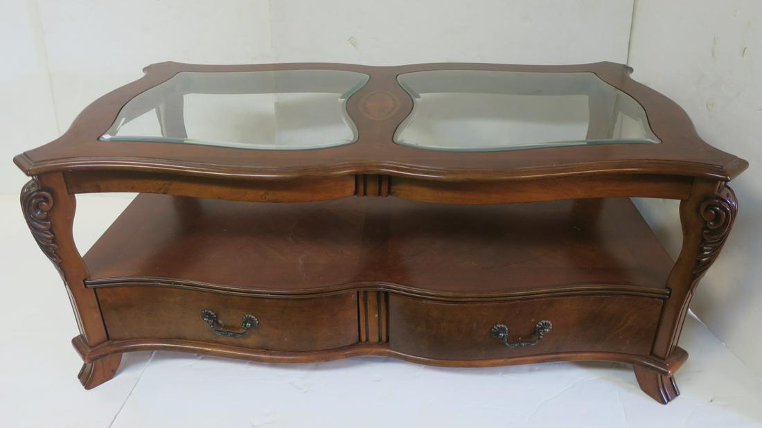 Traditional Inlaid Mahogany Cocktail Table:: Traditional Inlaid Mahogany Cocktail Table: Double Side Top, Each with Beveled Glass in 3 1/2" Mahogany Frame Enhanced by Contrasting Parquetry Inlay at Center. Two Drawer Lower Section Supported by C