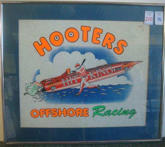 HOOTER'S OFFSHORE RACING "BIG HIT" Framed T Shirt:: HOOTER'S OFFSHORE RACING "BIG HIT" Framed T Shirt: Pete Rose Swings Next to Hooter's BIG HIT Cigarette Offshore Racing Boat. The Wettest Place in Racing. Framed to 16" X 18 1/2". Provenance KELLY'S TA