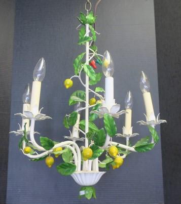 Italian Tole Work 6 Arm Lemon Chandelier:: Italian Tole Work 6 Arm Lemon Chandelier: White with Yellow Lemons and Green Leaves, Center Pole Supports Scrolled Arms and Twisted Branches that Hold the Leaves and Small Lemons. Leafy Bobeches Hold 