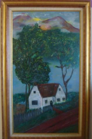 GAIL REHMERT, PRIMITIVE FARM HOUSE, Oil on Board:: GAIL REHMERT, PRIMITIVE FARM HOUSE, Oil on Board: White Country Farm House Under Painterly Trees Providing Unexpected Depth. 36" x 19" in 3" Gilt and Burlap Frame. Signed Lower Right. (150-300)