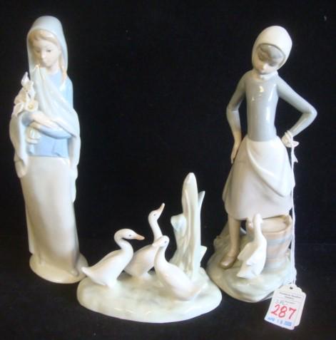 LLADRO GOOSE GIRL & CALLA LILY GIRL, NAO GEESE:: LLADRO GOOSE GIRL & CALLA LILY GIRL, NAO GEESE: LLADRO Goose Girl is 9 1/2" Tall Tending to Triple 5" Tall NAO Goose Figure. LLADRO Young Girl Holding Bouquet of Calla Lilies (Some Damaged) is 9" Tall