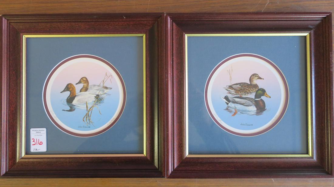JOHN SHAW Pair of Framed & Matted Duck Prints:: JOHN SHAW Pair of Framed & Matted Duck Prints: Circular Prints 4 1/2" Dia., Framed to 10" Square. Green Mats, Wooden Frames with Gold Liner. (50-150)