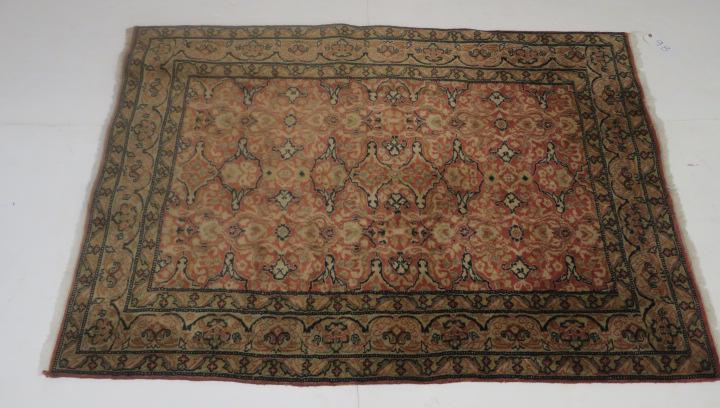 Salmon and Mustard Ground Area Rug with Three Borders: Salmon and Mustard Ground Area Rug with Three Borders 68" x 48" with Fringe. (100-200)