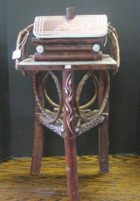 Folk Painted Tramp Art Smoking Stand:: Folk Painted Tramp Art Smoking Stand: Bent Wood Handle on Top with Log Cabin, Removable Roof for Cigarette Hold. Place for Ash Tray and Match Striker. Stand of Geometric Bent Wood Limbs. Folksy Silver