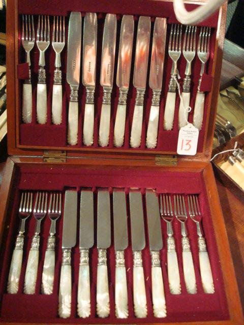 Mother of Pearl Handle Hallmark Fruit Set, Case: 13. Mother of Pearl Handle Hallmark Fruit Set, Case: Service for 12 in 2 Layers, Felt Lined Wooden Case. Early Victorian Dessert or Fruit Set. Forks are 6"L and Knives are 7 1/2"L, Carved Mother of Pe
