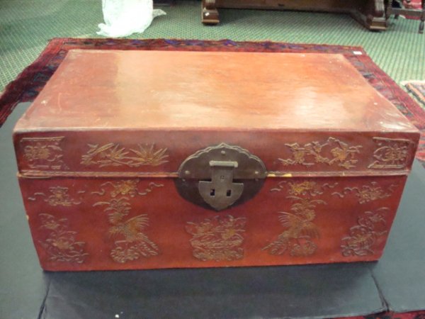 19th C. Red Pig Skin Covered Chinese Trunk: