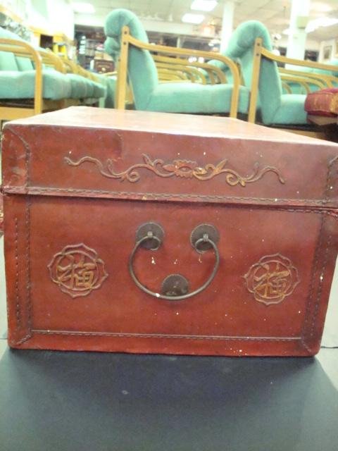 19th C. Red Pig Skin Covered Chinese Trunk: - 2