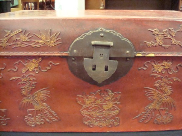 19th C. Red Pig Skin Covered Chinese Trunk: - 3