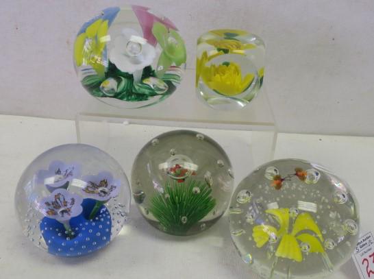 Five Art Glass Paperweights with Flowers, 2 Signed:: Five Art Glass Paperweights with Flowers, 2 Signed: Joe Rice 3"T with Multicolor Flowers and Bubbles. 3"T Wheaton Village with 3 Flowers in Blue Bottom with Controlled Bubbles. 3 1/4"T Crystal with Ye
