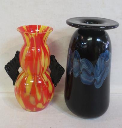 Two Czechoslovakia and Art Glass Vases:: Two Czechoslovakia and Art Glass Vases: Orange and Yellow Bohemian Glass Vase has Black "Wing" Handles. 6"T. Black Art Glass Vase with Blue Design on Side Signed Ellen? Oppenheimer 1978. 6 1/2"T. (100