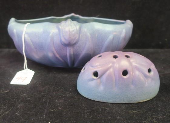 Vintage VAN BRIGGLE POTTERY Bowl with Flower Frog:: Vintage VAN BRIGGLE POTTERY Bowl with Flower Frog: Medium Blue with Purple Shading. Bowl is Decorated with Tulips on Ends and Sides. Incised VAN BRIGGLE Marks on Underside. LS Mark for Loretta Short.