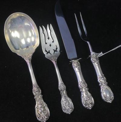 Four REED & BARTON "Francis I" Sterling Silver Pieces:: Four REED & BARTON "Francis I" Sterling Silver Pieces: 9 1/4" Solid Salad Serving Spoon and Small Pierced 8" Cold Meat Fork have Eagle-R-Lion Mark and Patent Date 1907. 7.8 Oz or 6.5758 Ozt. Sterling 