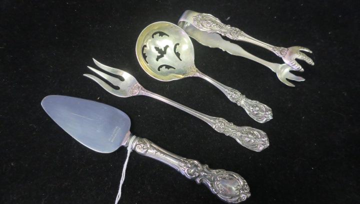 Four REED & BARTON "Francis I" Sterling Silver Pieces:: Four REED & BARTON "Francis I" Sterling Silver Pieces: Small 4 1/8" Sugar Tongs, 5 5/8" Oyster Fork, 4 5/8" Solid Bon Bon Spoon with Pierced Bowl, All with Eagle- R-Lion Mark. 6 3/4" Sterling Handle C