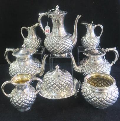 MERIDEN BRITTANIA Quad Plate Presentation Tea Set:: MERIDEN BRITTANIA Quad Plate Presentation Tea Set: Nine Piece Set Includes Tea and Coffee Pots, Sugar, Creamer, Patented Butter Dish with Crystal Liner, Waste Bowl, Syrup Pitcher. Tray Not Original. E