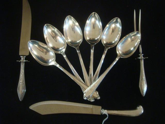 6 Sterling Silver Teaspoons, Cake Knife, Carving Set:: 6 Sterling Silver Teaspoons, Cake Knife, Carving Set: Six Towle "Virginia Carvel" Tablespoons CA 1919. Monogrammed. Webster Sterling Handled Cake Knife, Engraved and Dated 1961. Sterling Handled 2 Pie