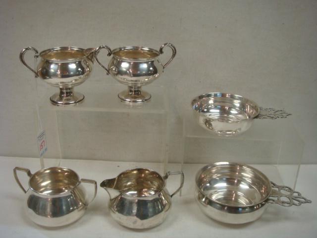 Sterling Silver Porringers, Sugar & Creamer Sets:: Sterling Silver Porringers, Sugar & Creamer Sets: Frank Smith 2"T, 4 1/2" Porringer has Monograms. Towle 1 1/4"T, 4 1/4"D Porringer Engraved Constance. Sugar & Creamer with Unknown Mark are 2 1/4"T. F