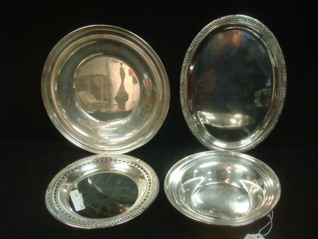 Four Sterling Silver Plate, Tray, Coaster and Bowl:: Four Sterling Silver Plate, Tray, Coaster and Bowl: S. Kirk & Son #904 8 1/4"D Plate, Fisher "Rose Bouquet" 8 1/2" Oval Tray, Frank Whiting Silver Rim Glass Wine Coaster with Etched Center and Watrous