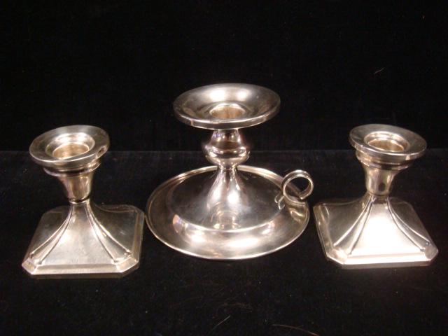 Three Sterling Silver Candlesticks:: Three Sterling Silver Candlesticks: Pair of M. Fred Hirsch Co CA 1920-1945 Square Base Candlesticks. N Monogram. 3"T. J. Wagner & Son CA 1909-1965 Go-To-Bed Candlestick with Finger Ring is 3 3/4"T. Al