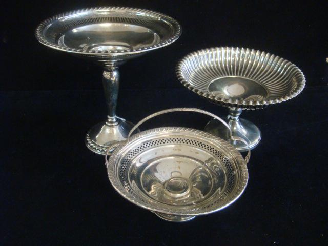 Sterling Silver Compotes and Basket:: Sterling Silver Compotes and Basket: Rogers 6"T Compote has Reticulated Rim and Gadrooned Foot Rim. Fisher Compote is 3 3/4"T, 6 1/8"D. Twist in Stem. Footed Basket has Swing Handle, Reticulated Rim. 