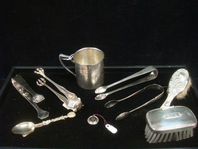Silver Tongs, Baby Brushes and Cup, Spoon:: Silver Tongs, Baby Brushes and Cup, Spoon: Tongs Marked Sterling 950 with EP in Diamond, Frank Smith Silver Co "Newport Shell" Claw Tongs, John Lambe London England Tongs and Tongs with Chinese Marks.