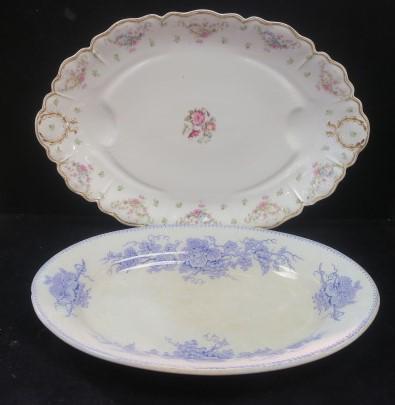 Two Large Platters; HAVILAND and JAMES EDWARD & SON:: Two Large Platters; HAVILAND and JAMES EDWARD & SON: HAVILAND, FRANCE 21" X 14" Scalloped Edge Platter with Pink Roses and Gilt Accents, Wreath Handles with Two Gravy Wells, Excellent Condition. Edwar