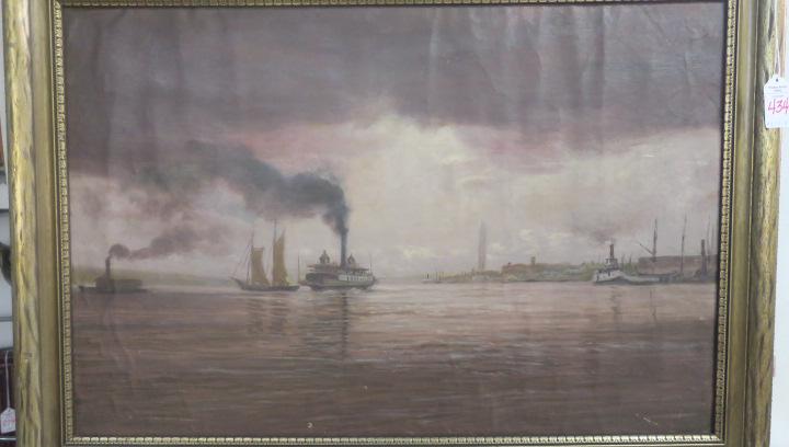 Unsigned Oil on Paper of James River Crossing:: Unsigned Oil on Paper of James River Crossing: Ferry, Sail and Tugboat in the Mouth of the James River Prior to the Construction of the Hampton Roads Bridge Tunnel. 15 1/2" x 23" in 2" Gilt Painted Mo