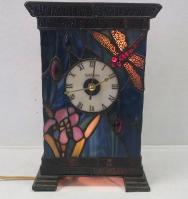 Dale Tiffany Clock with Stained Glass Case:: Dale Tiffany Clock with Stained Glass Case: Clock Encased in Rectangular Stained Glass Case, Dragonfly with Lily on Blue Ground with Jeweling. Single Bulb Fixture. Battery Operated Clock. 10 1/2"T X 7