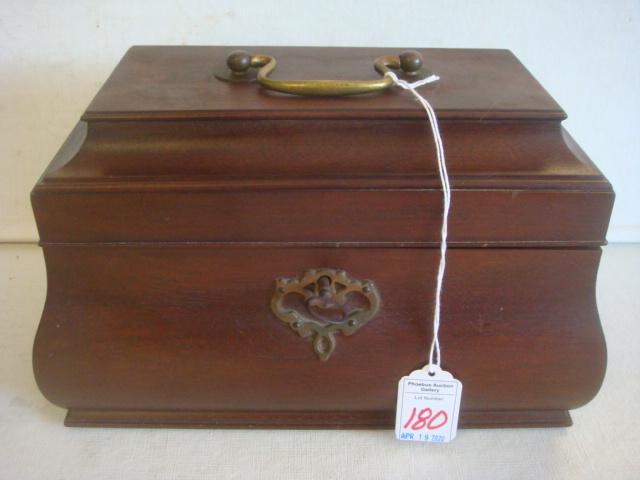 Sarcophagus Form Tea Caddy by Colonial Williamsburg:: Sarcophagus Form Tea Caddy by Colonial Williamsburg: Mahogany Box with Hinged Lid Over 3 Deep and 1 Long Shallow Compartment, All Tin Lined. Hardware Intact, Key Present. Colonial Williamsburg Mark on