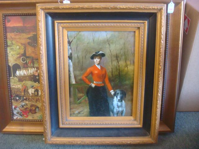 Signed N. BINGHAM, "HORSEWOMAN & HOUND" Oil on Board:: Signed N. BINGHAM, "HORSEWOMAN & HOUND" Oil on Board: N Henry Bingham is Listed 20th Cent. American Artist. Renaissance Style Artist b. 1939. Signed LL. 5" Gold and Black Heavy Shadowbox Frame. 25" X 