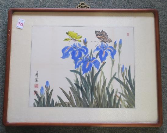 Asian watercolor, Bearded Iris and Butterflies:: Asian watercolor, Bearded Iris and Butterflies: Character Signed with 3 Red Chops. Female Orange Monarch and Yellow Swallowtail Butterflies Flitting Around the Flowers Set in a Bed of Sword Shaped Lea