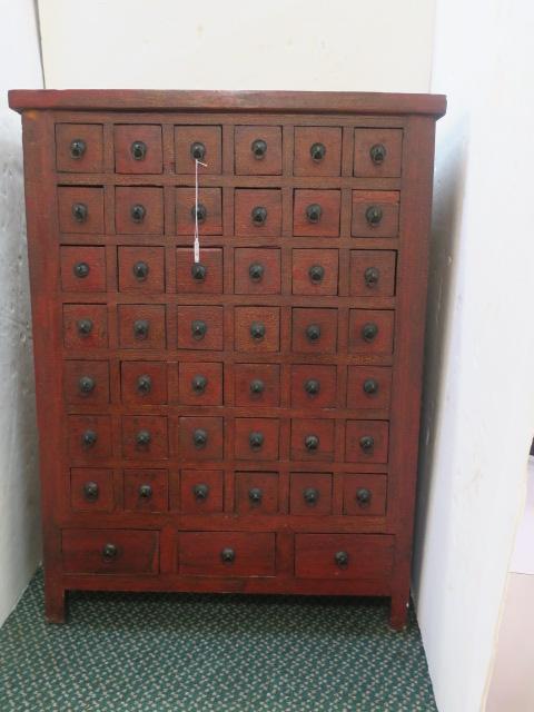 Forty-Five Drawer Chinese Apothecary Cabinet:: Forty-Five Drawer Chinese Apothecary Cabinet: Plank Top with Slight Overhang. 7 Rows of 6 Pullout Divided Drawers, 4 Compartments Each, with the Name of the Remedy written on the Side. Three Drawers A